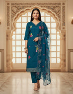 This one 🔥 is a premium teal/peacock blue kurti set with soft embroidery & elegant dupatta styling — perfect for high-end catalog
