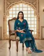 This one 🔥 is a premium teal/peacock blue kurti set with soft embroidery & elegant dupatta styling — perfect for high-end catalog
