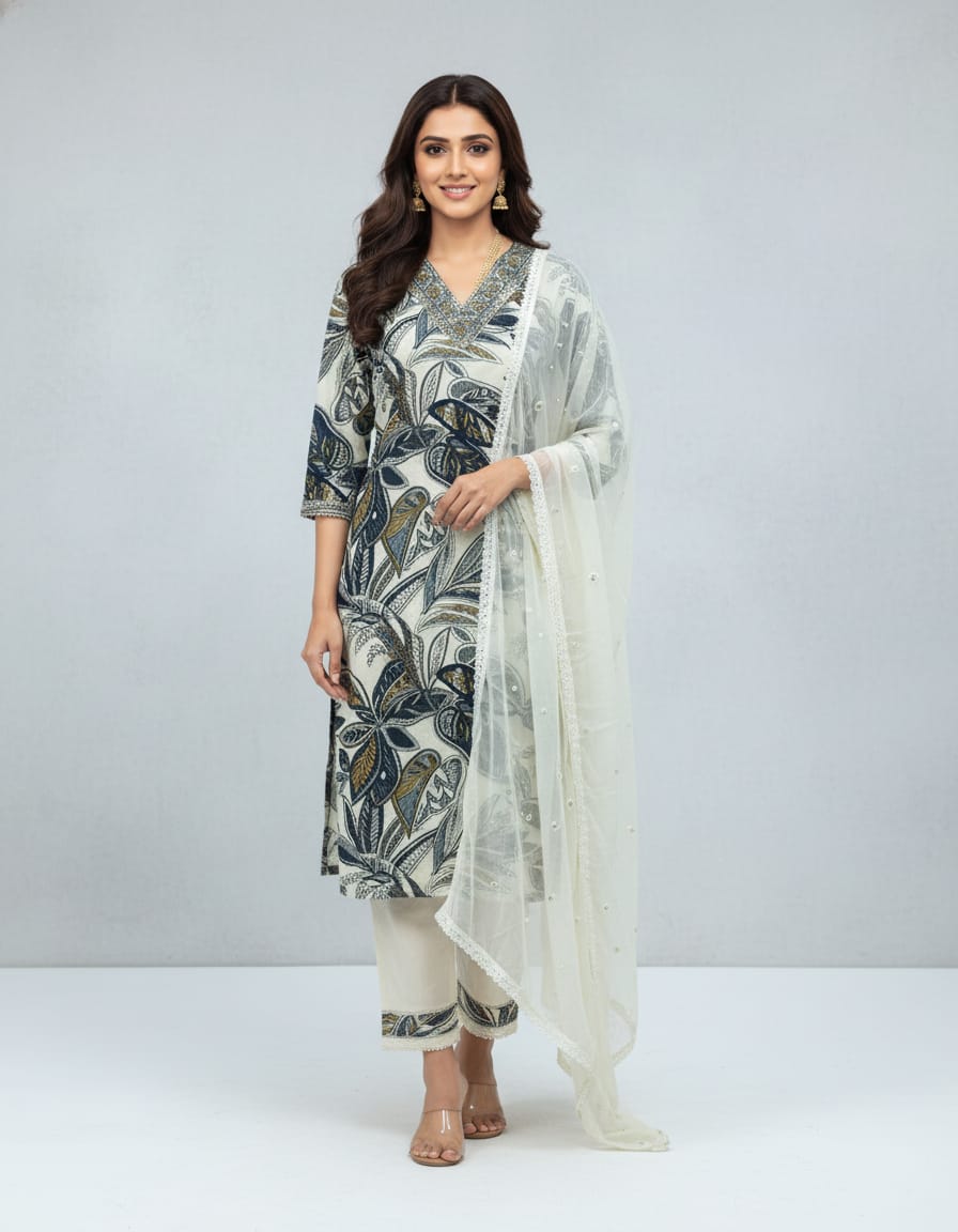 This is a professional fashion photoshoot image of a female model wearing a traditional Indian kurti set. The photo is styled to look clean, elegant, and suitable for catalogs or online stores.