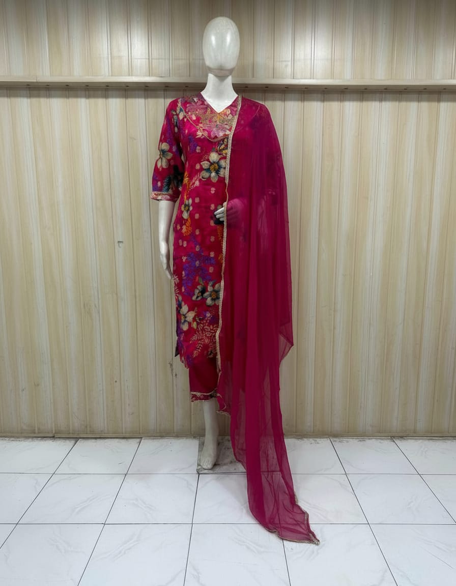 This is a high-quality fashion photoshoot image showing a female model wearing a bright pink traditional kurti set. The image looks like it’s made for catalog, eCommerce, or brand promotion.