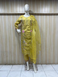 mannequin yellow embroidered traditional outfit with floral dupatta against a striped wall