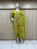 Not blue 🙂 — this is a yellow (mustard) embroidered kurti set.