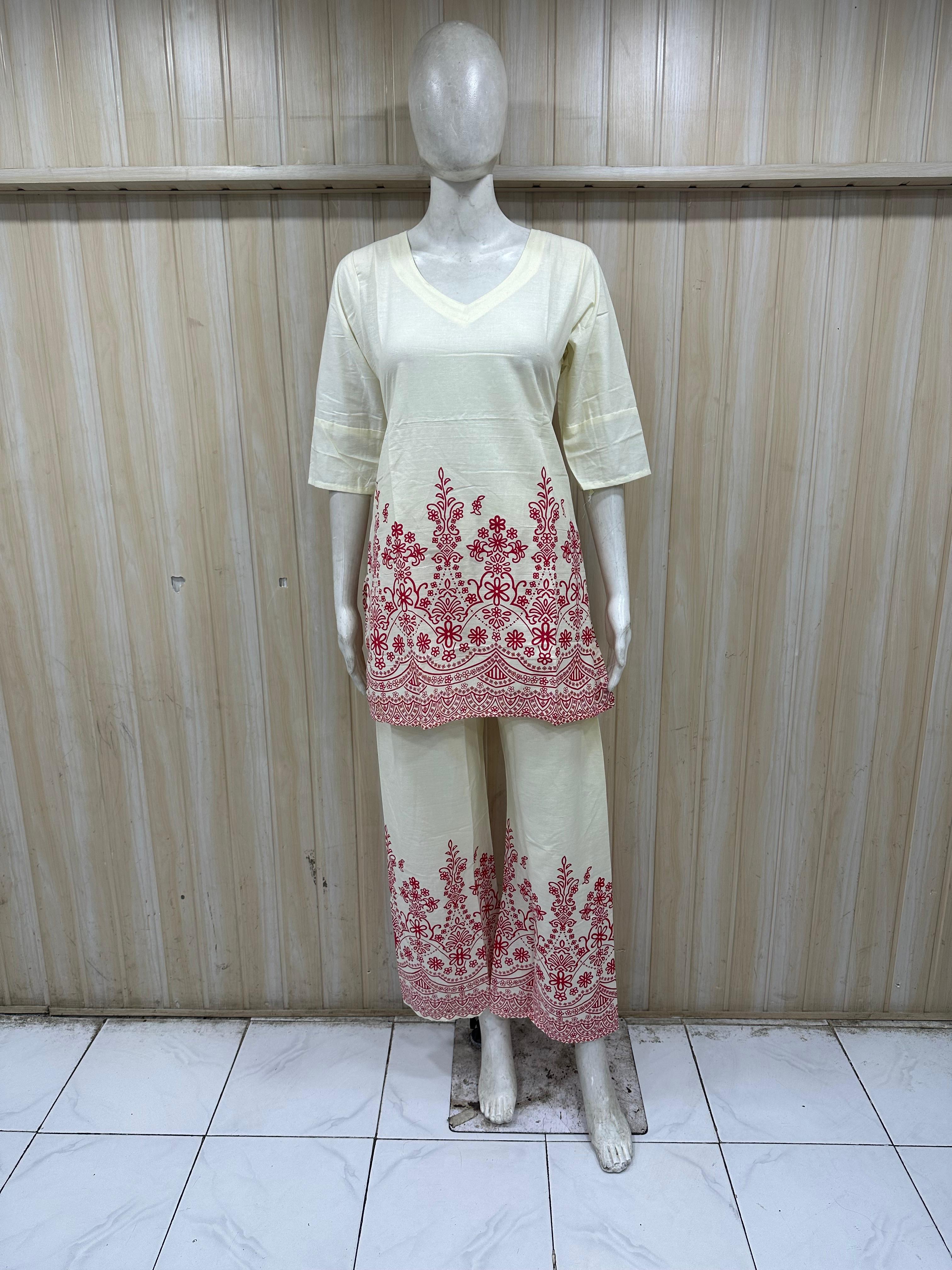 Cream Designer Printed Kurta Set with Red Floral Motif