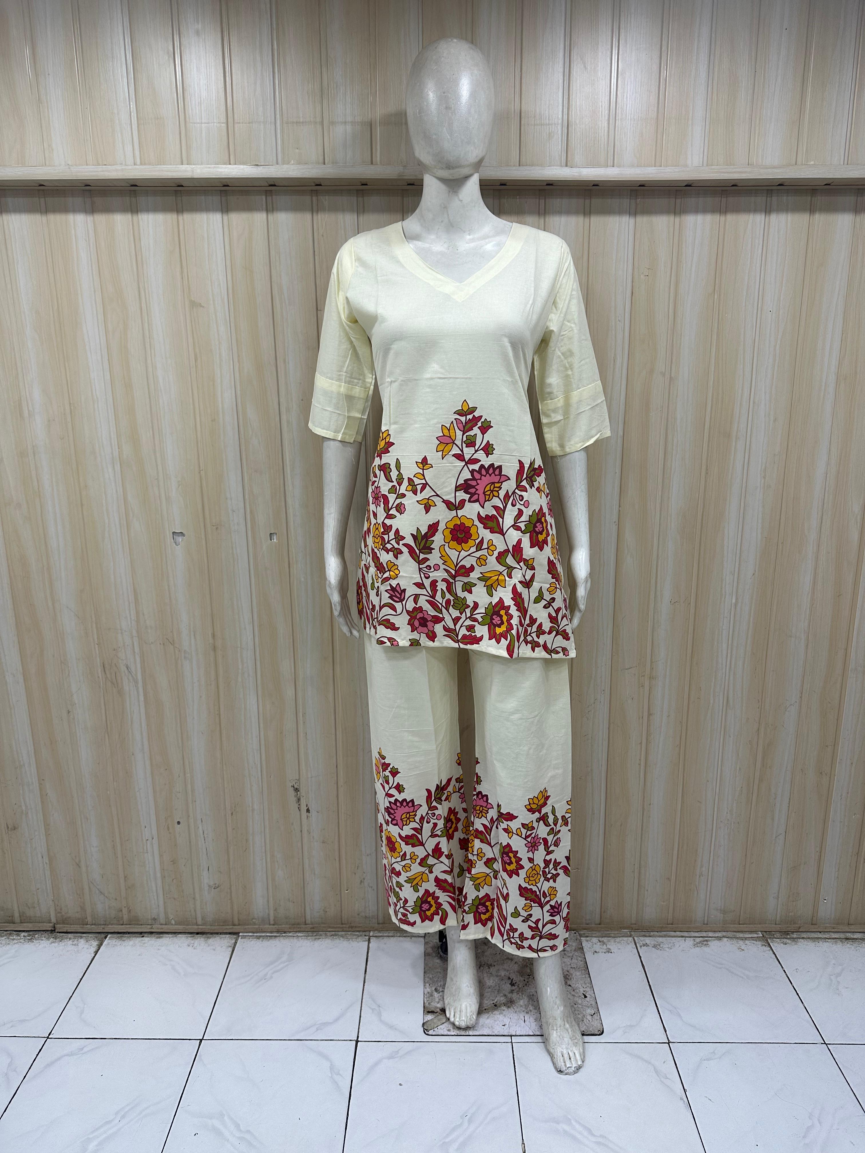 Cream Designer Printed Kurta Set with Multicolor Floral Motif