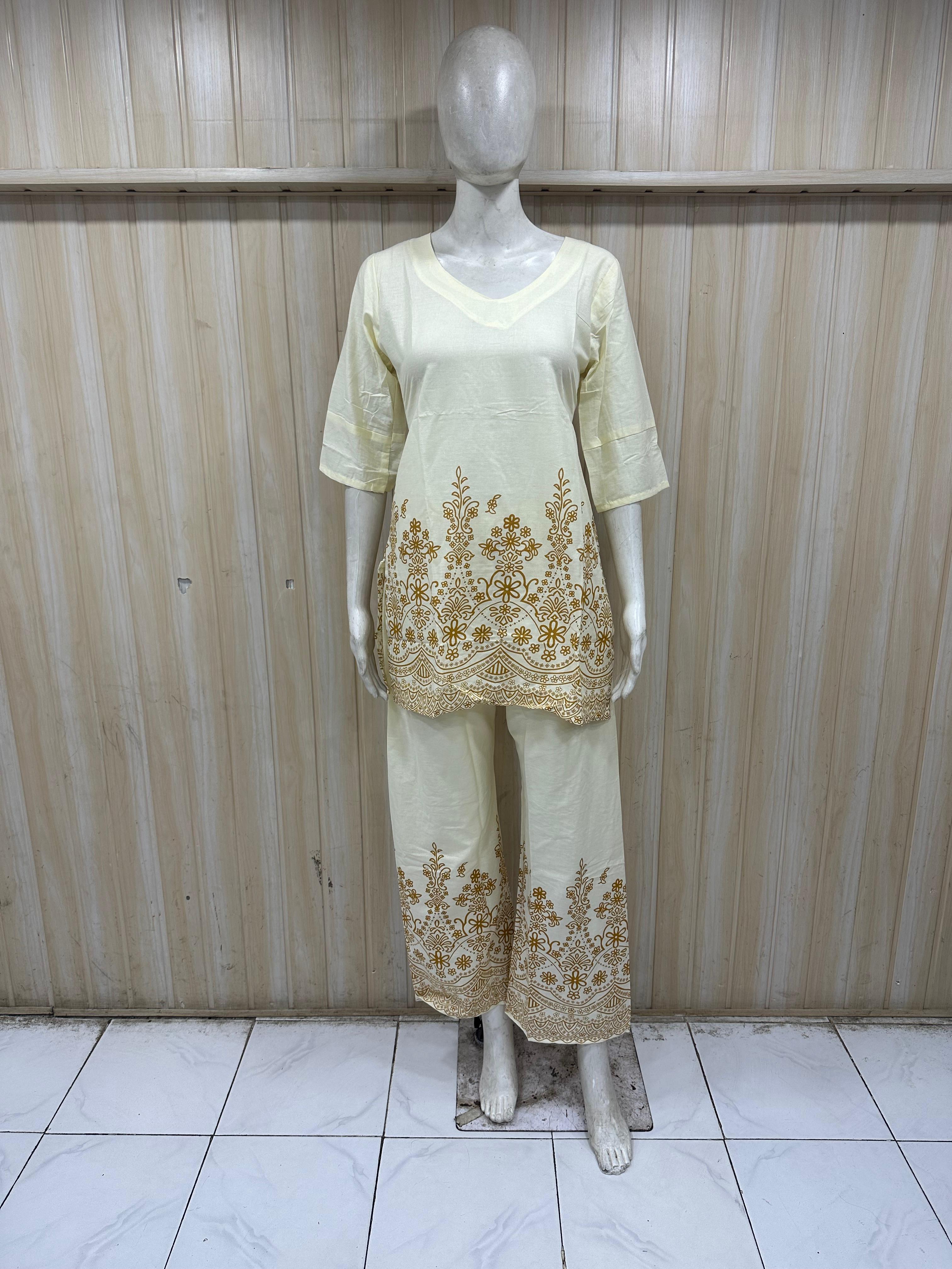 Cream Designer Printed Kurta Set with Floral Motif