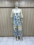 Cream Designer Printed Kurta Set with Blue Floral Motif