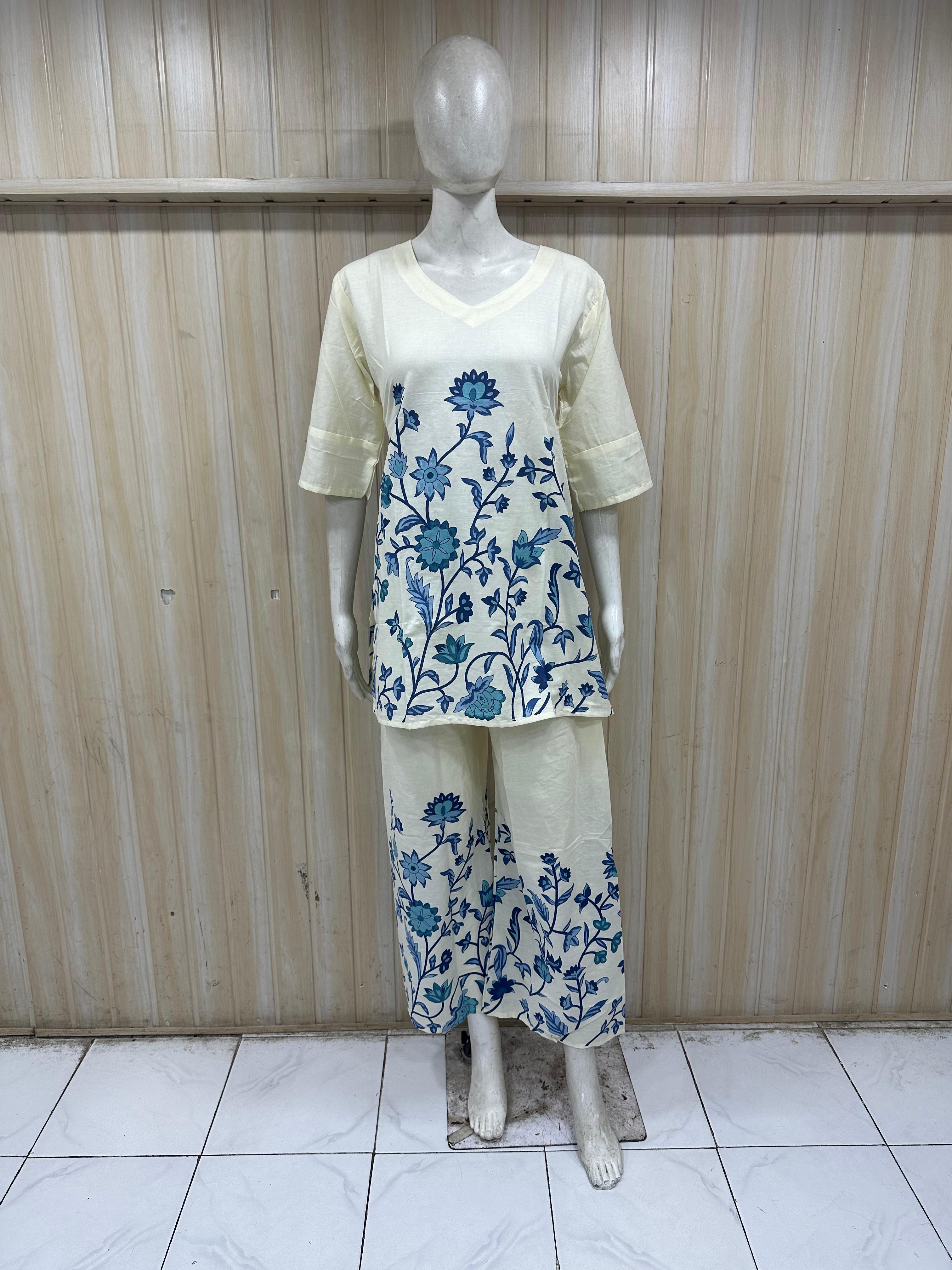 Cream Designer Printed Kurta Set with Blue Floral Motif
