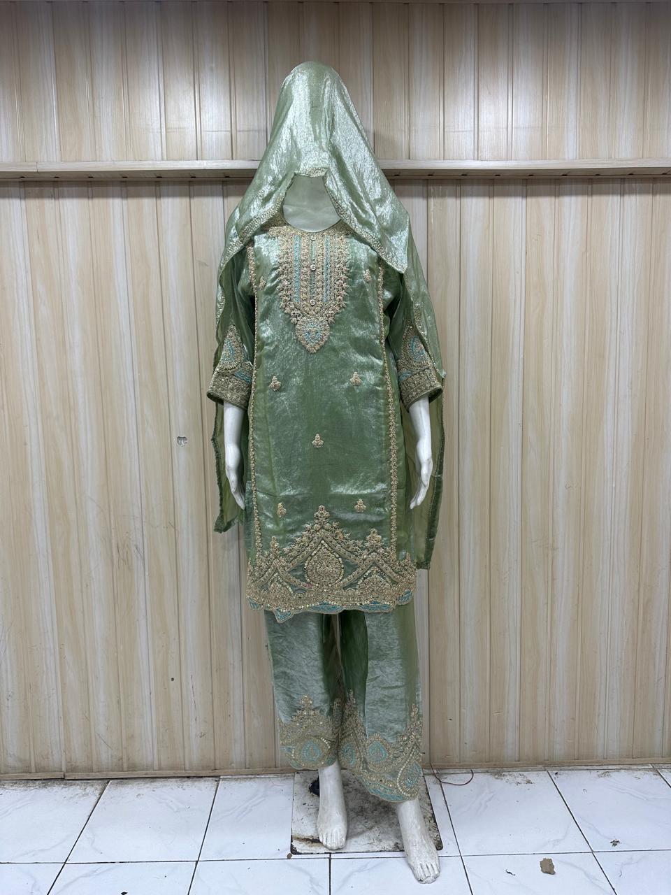 Green Designer Traditional Kurti Set with Headscarf