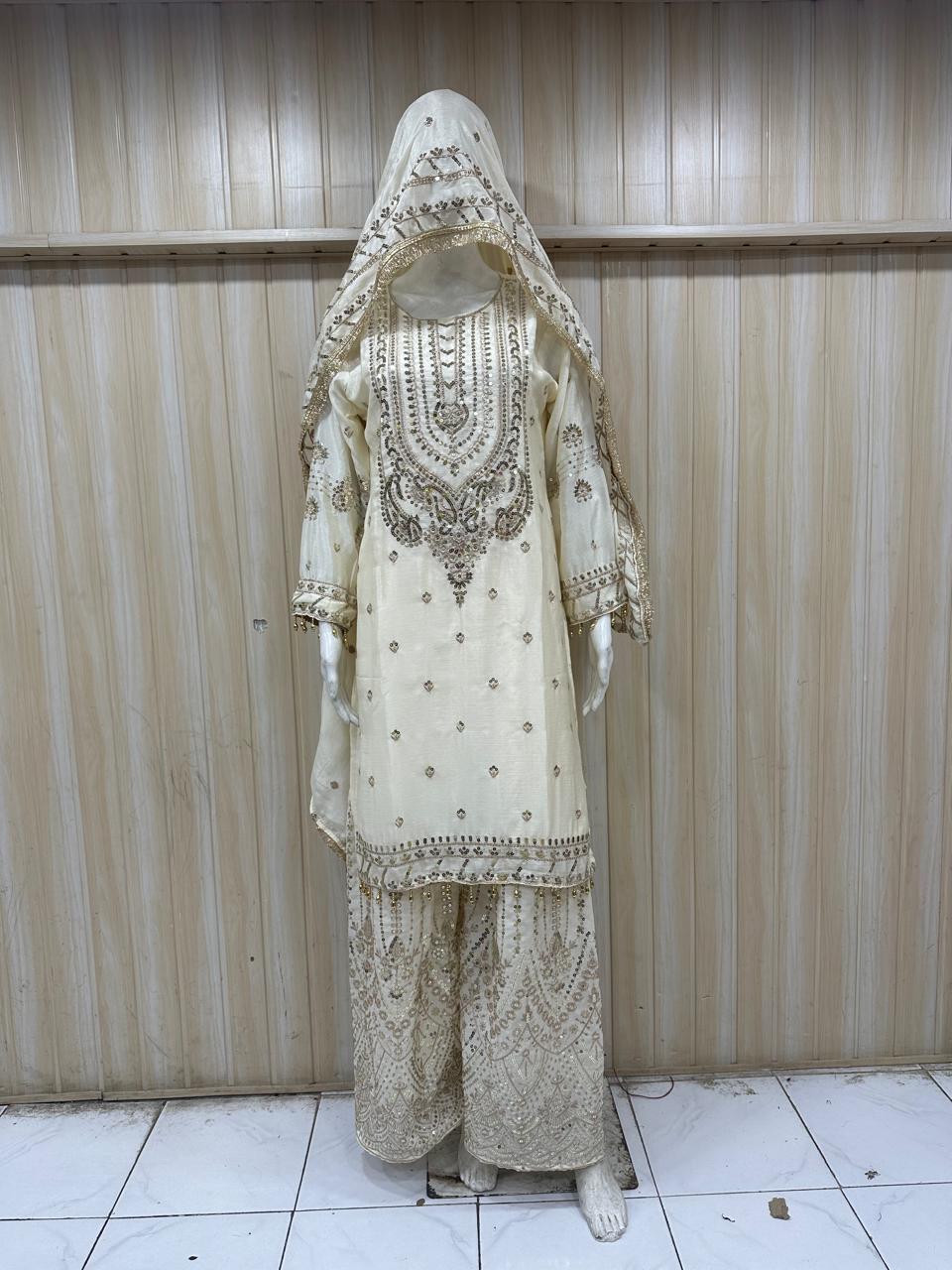 White Designer Traditional Kurti Set with Headscarf