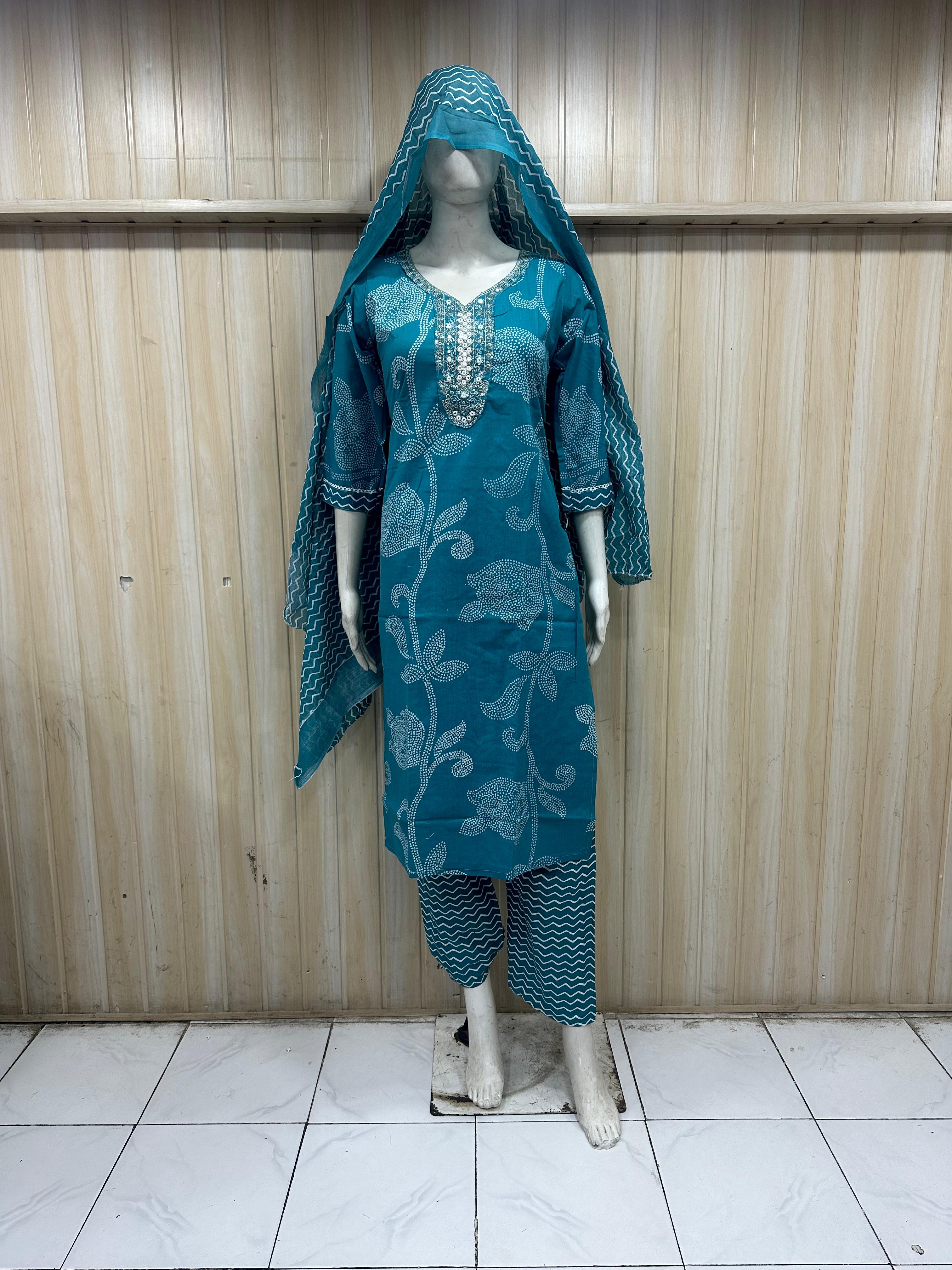 Blue Designer Patterned Traditional Kurti Set with Matching Dupatta