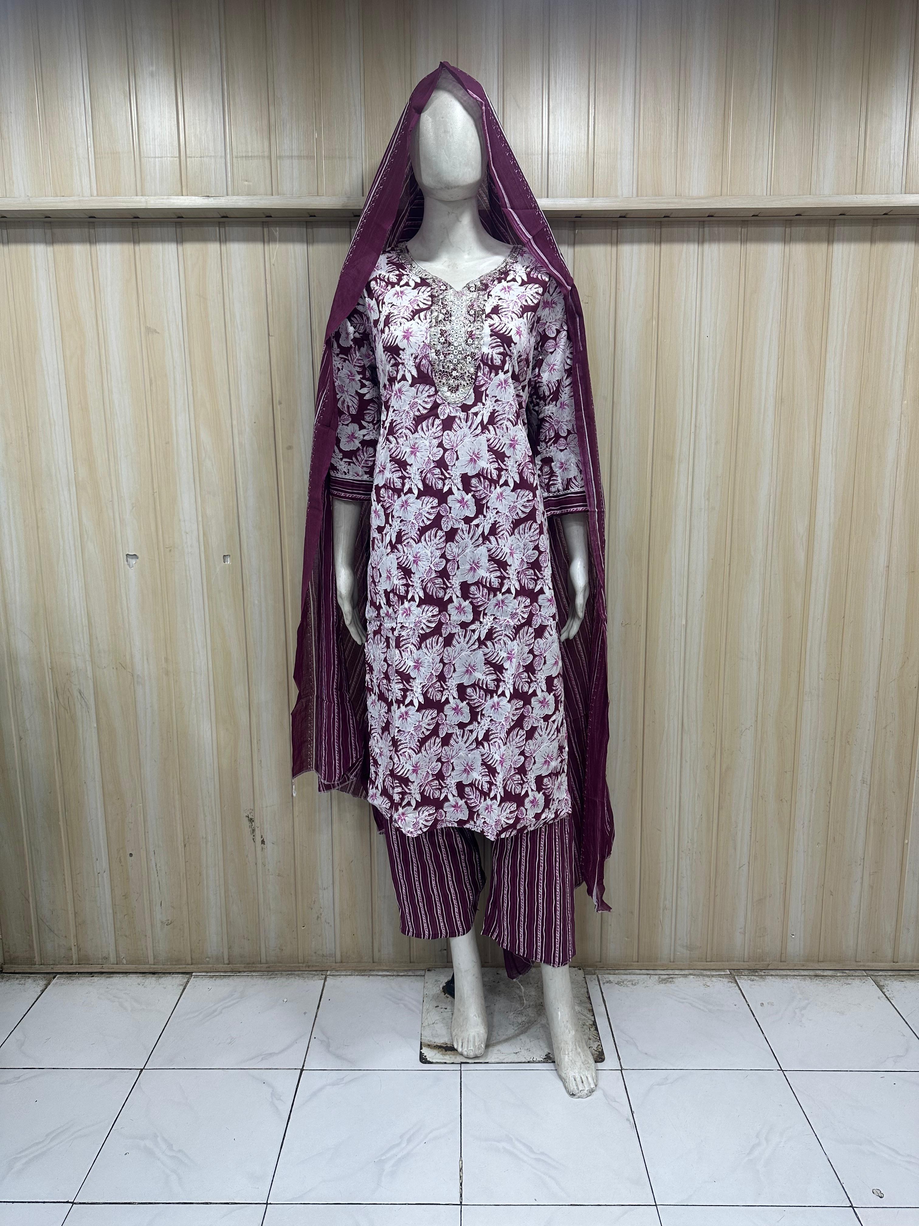 Dark Purple Designer Patterned Traditional Kurti Set with Matching Dupatta