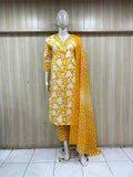 Yellow Designer Patterned Traditional Kurti Set with Matching Dupatta & Shawl Headscarf