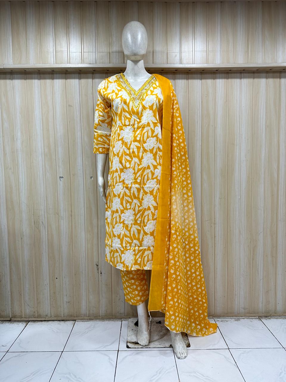 Yellow Designer Patterned Traditional Kurti Set with Matching Dupatta & Shawl Headscarf