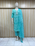 mannequin wearing a turquoise patterned traditional outfit with a matching dupatta shawl headscraf against a striped wall