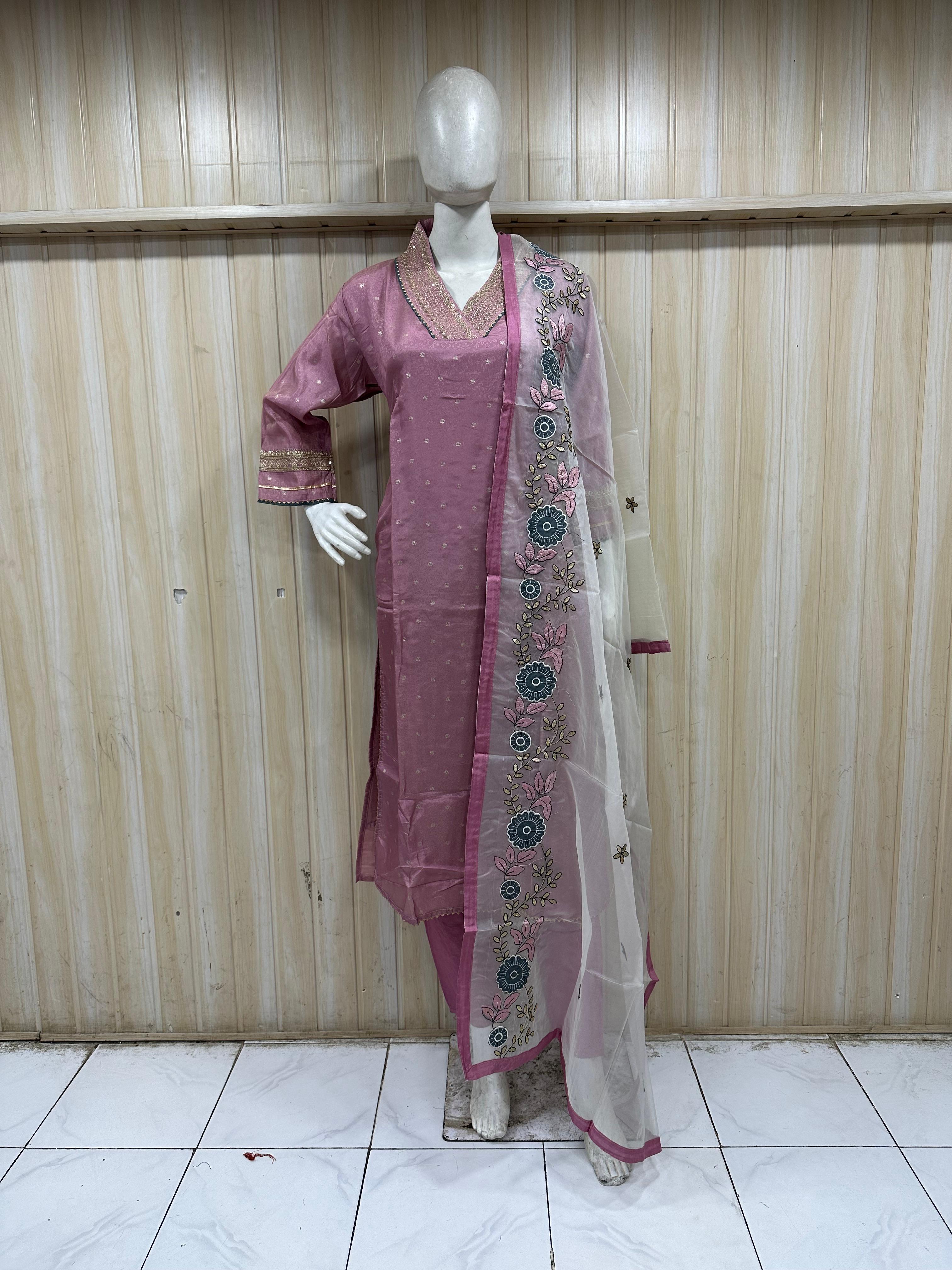 Pink Designer Embroidered Floral Traditional Kurti Set with Dupatta