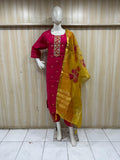 Pink Designer Embroidered Floral Traditional Kurti Set with Yellow Dupatta