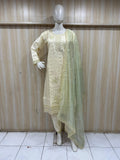 mannequin wearing a light green embroidered floral outfit with a matching dupatta dupatta against a striped wallPink Designer Embroidered Floral Traditional Kurti Set with Yellow Dupatta