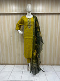 mannequin wearing a yallow and black traditional floral outfit with a matching dupatta shawl headscraf against a wooden panel
