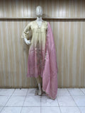 mannequin wearing a beige kurta with pink dupatta Floral Traditional  against striped wall