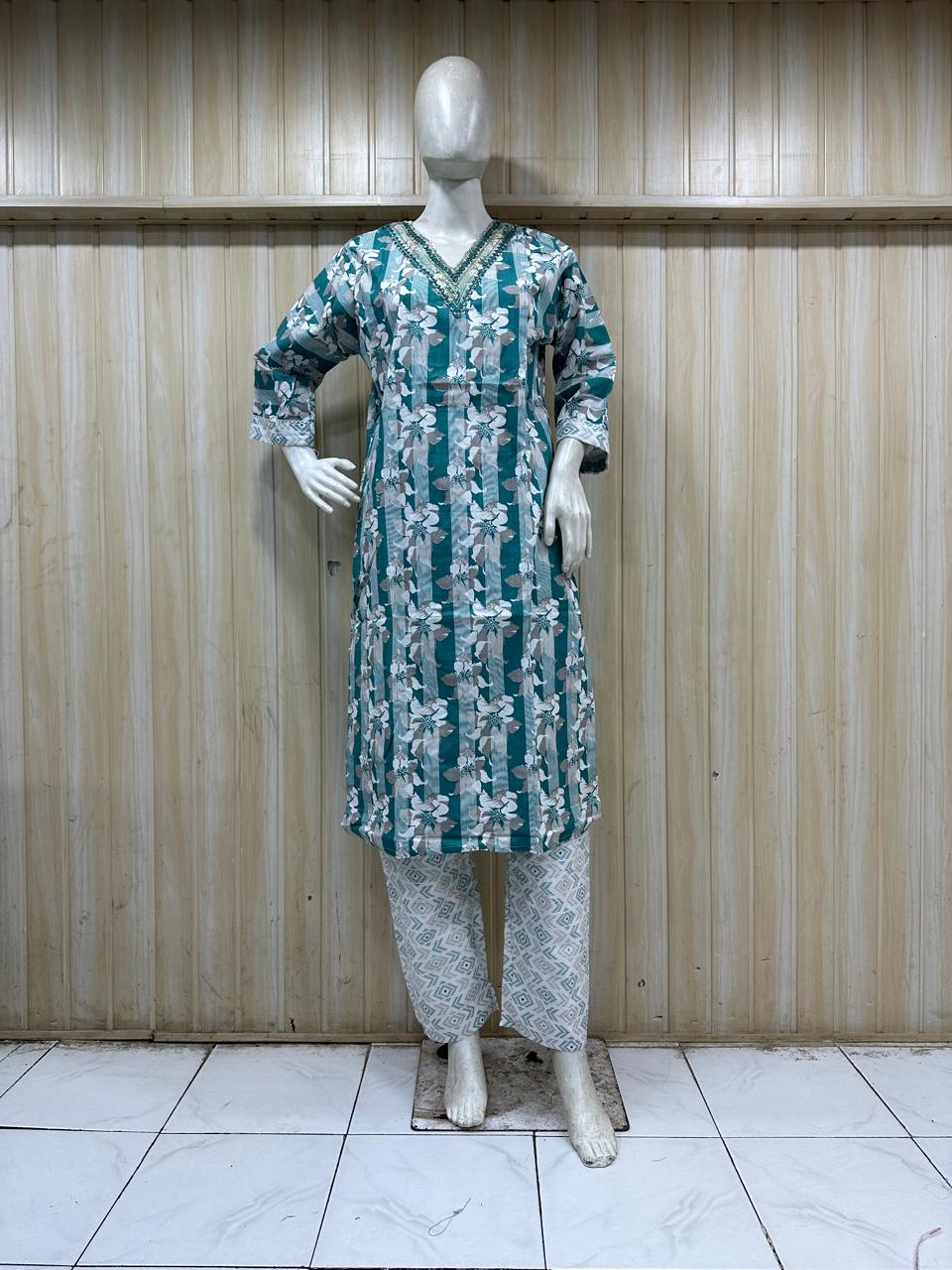 mannequin wearing a outfit with dress Floral dress Traditional against a wooden panel background