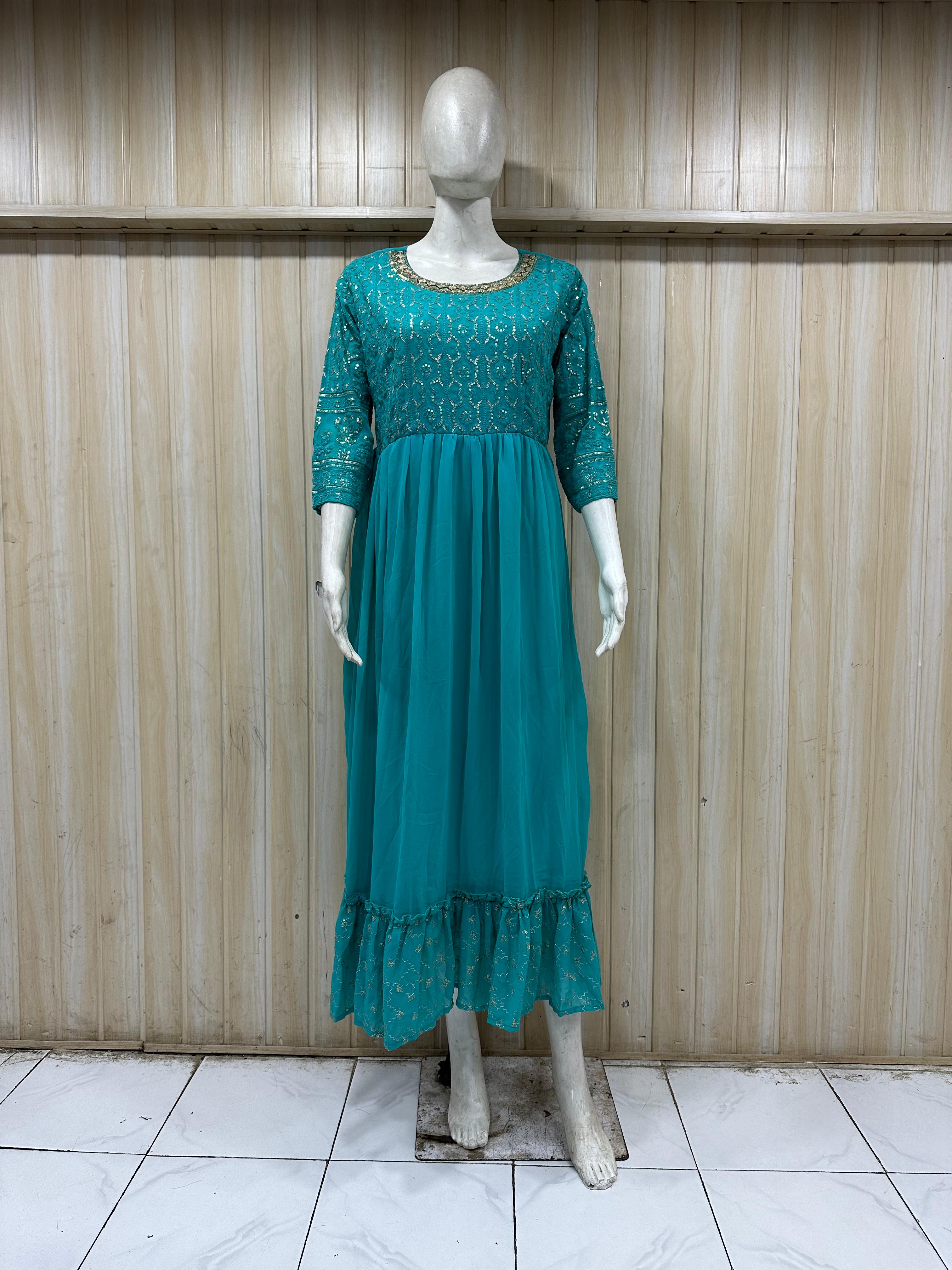 mannequin wearing a sky blue floral dress outfit with Traditional against a wooden panel background