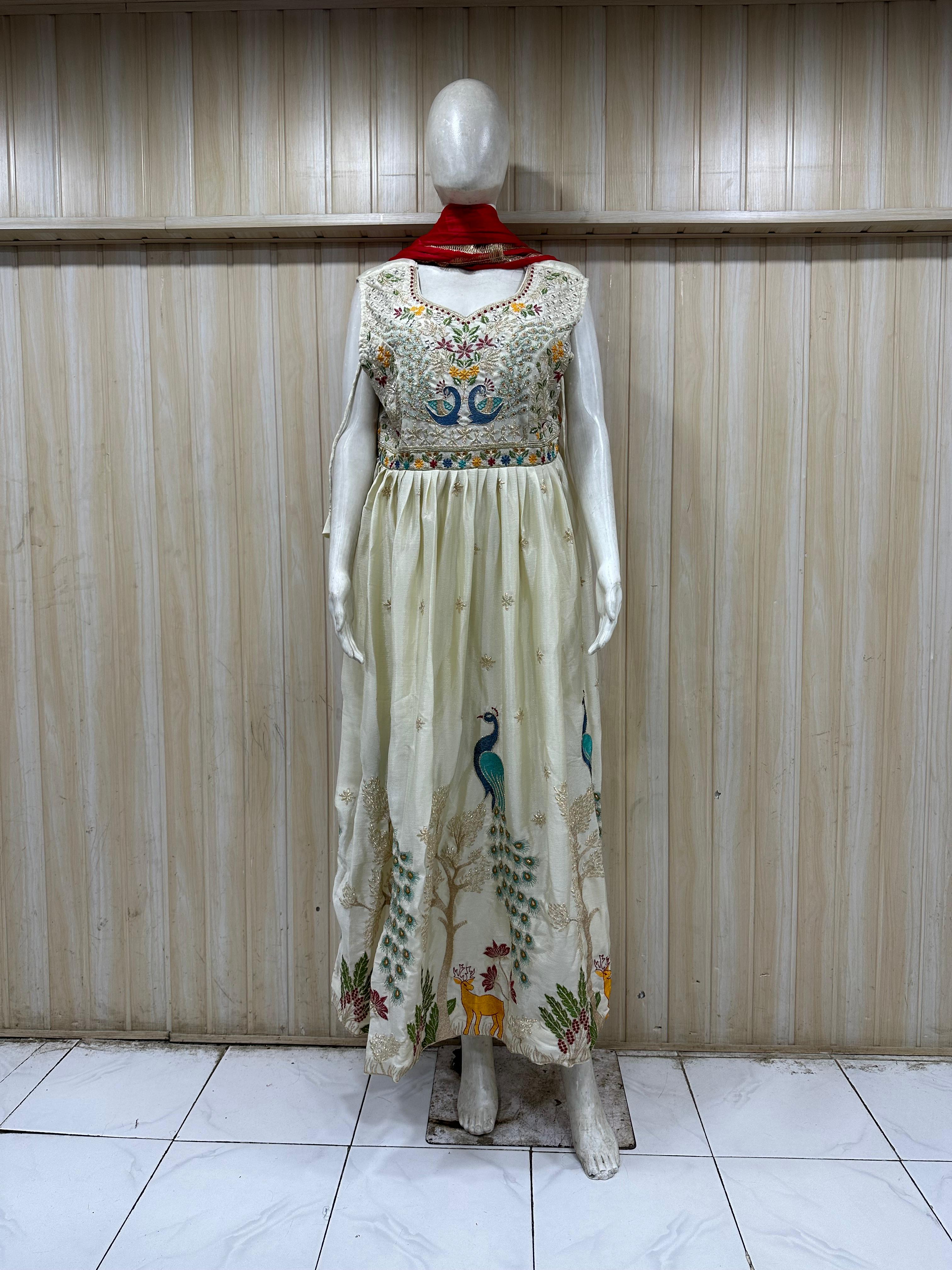 mannequin wearing a cream floral dress outfit with Traditional against a wooden panel background