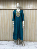mannequin wearing a teal floral dress outfit with Traditional against a wooden panel background
