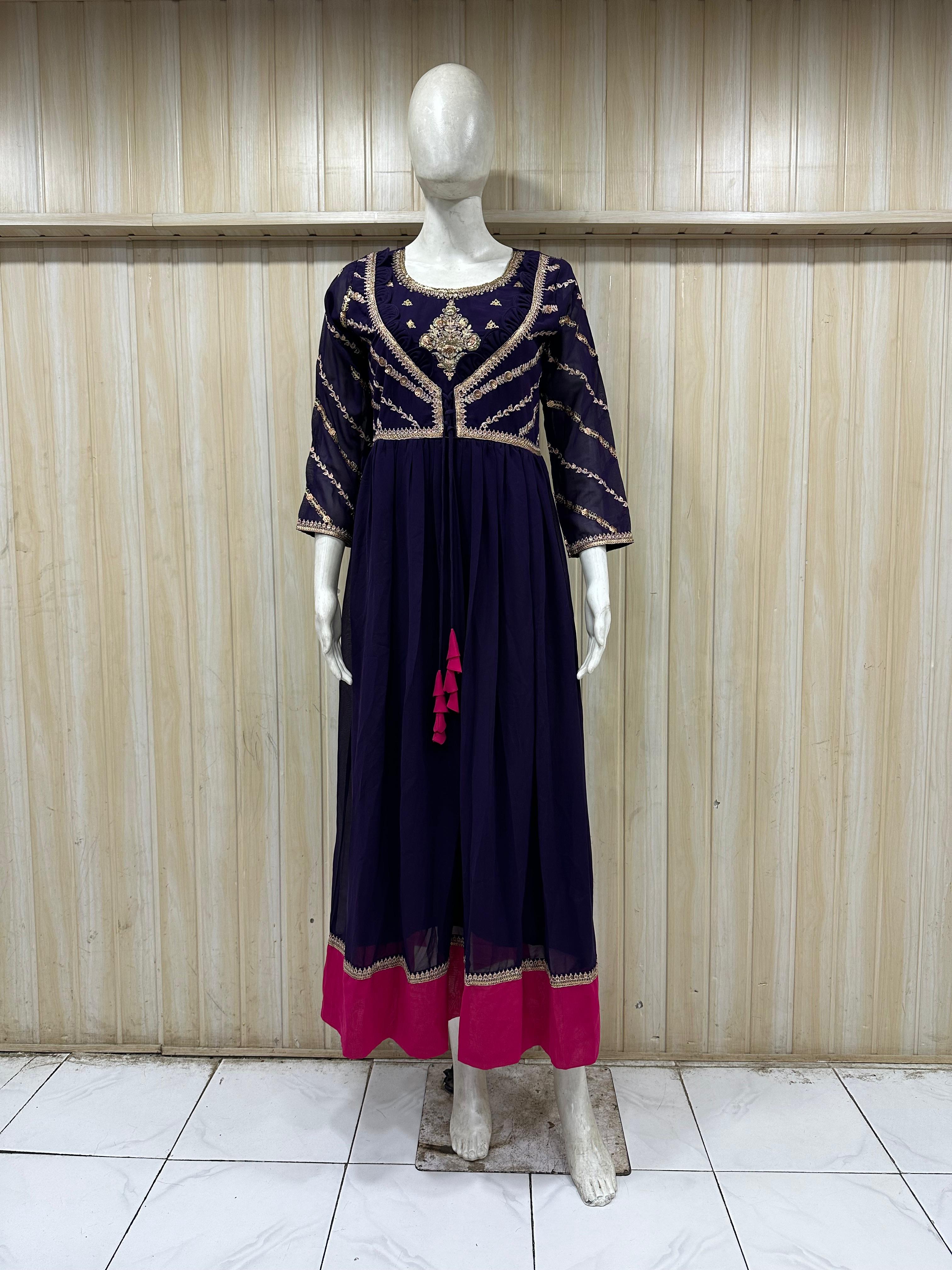 mannequin wearing anyve blue floral dress outfit with Traditional against a wooden panel background