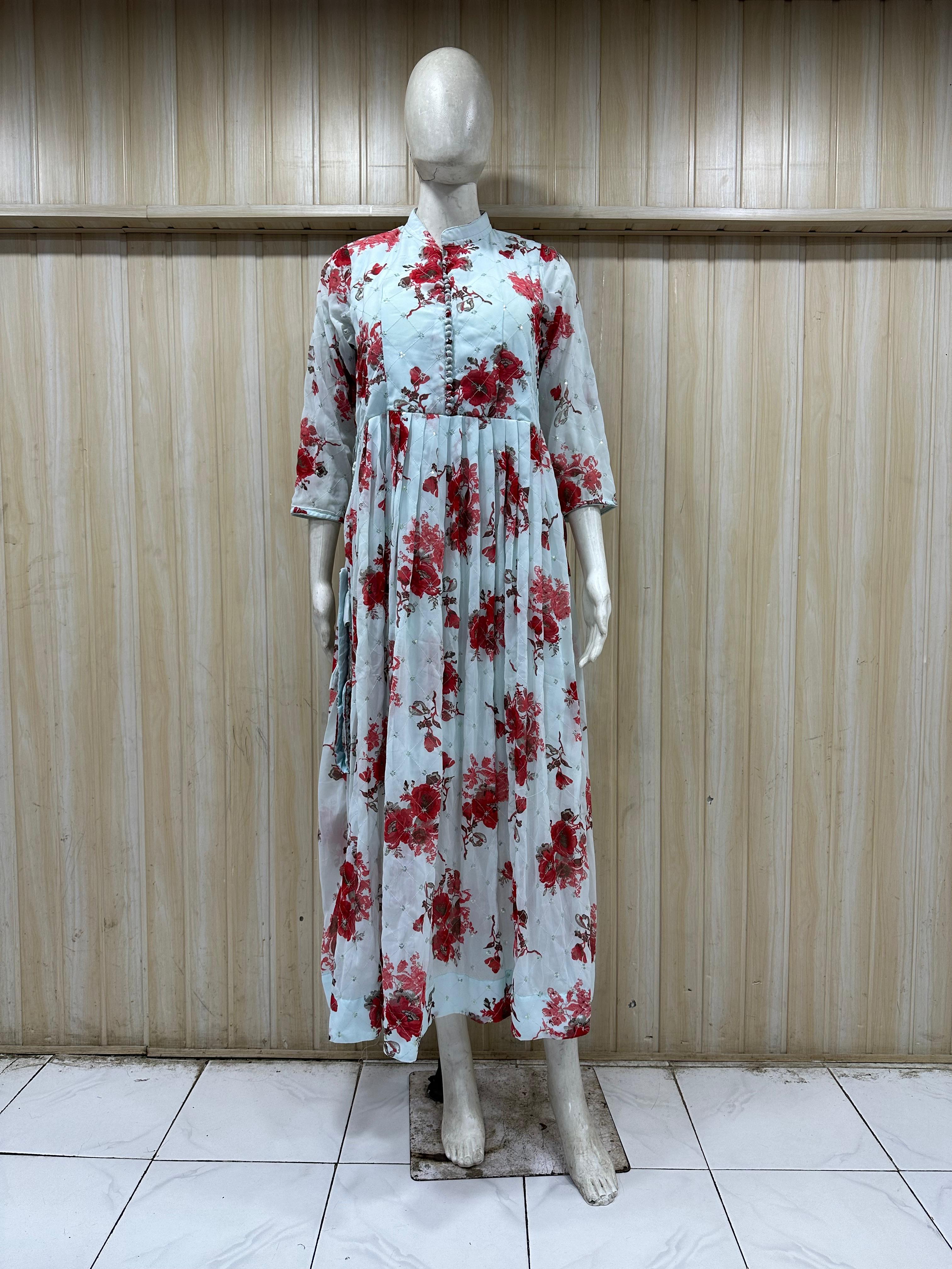 mannequin wearing a white floral dress outfit with Traditional against a wooden panel background