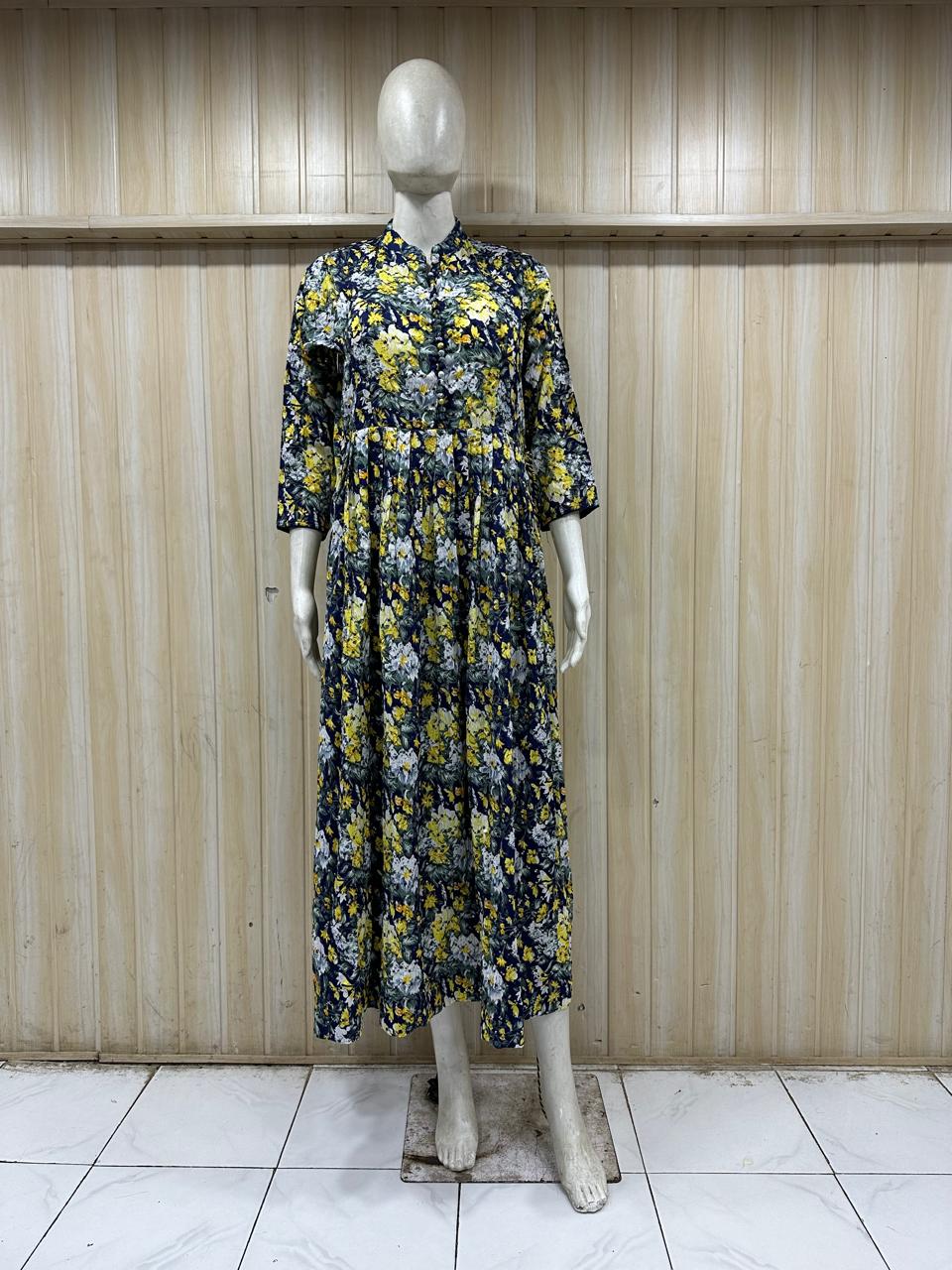 Mannequin wearing a floral dress against a wooden panel background  ChatGPT6:48 PM
