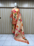 Mannequin wearing a floral dress with a striped