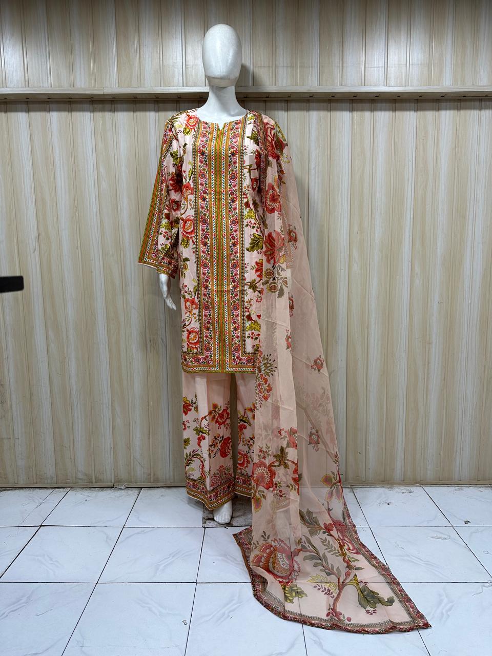 Mannequin wearing a floral dress with a beige background