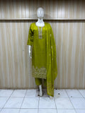 Green embroidered kurta with dupatta on a mannequin against a striped