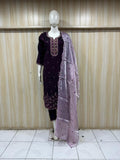 Mannequin wearing a dark purple embroidered dress with a matching dupatta against a striped