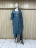 Mannequin wearing a blue traditional outfit with a dupatta against a stripedMannequin wearing a blue traditional outfit with a dupatta against a striped