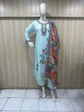 blue embroidered traditional outfit on a colorful dupatta mannequin against a striped