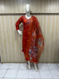 Mannequin wearing a oraing outfit with floral embroidery against a striped
