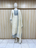 Mannequin wearing a white and blue floral dress against a striped
