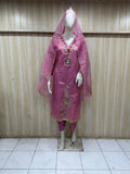 Mannequin wearing a pink floral dress with a dupatta against a wooden panel background.