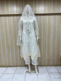 Mannequin wearing a white embroidered outfit with a veil against a striped