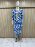 Mannequin wearing a blue floral dress against a wooden panel background