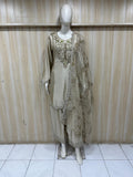 Mannequin wearing a beige farshi outfit against a striped