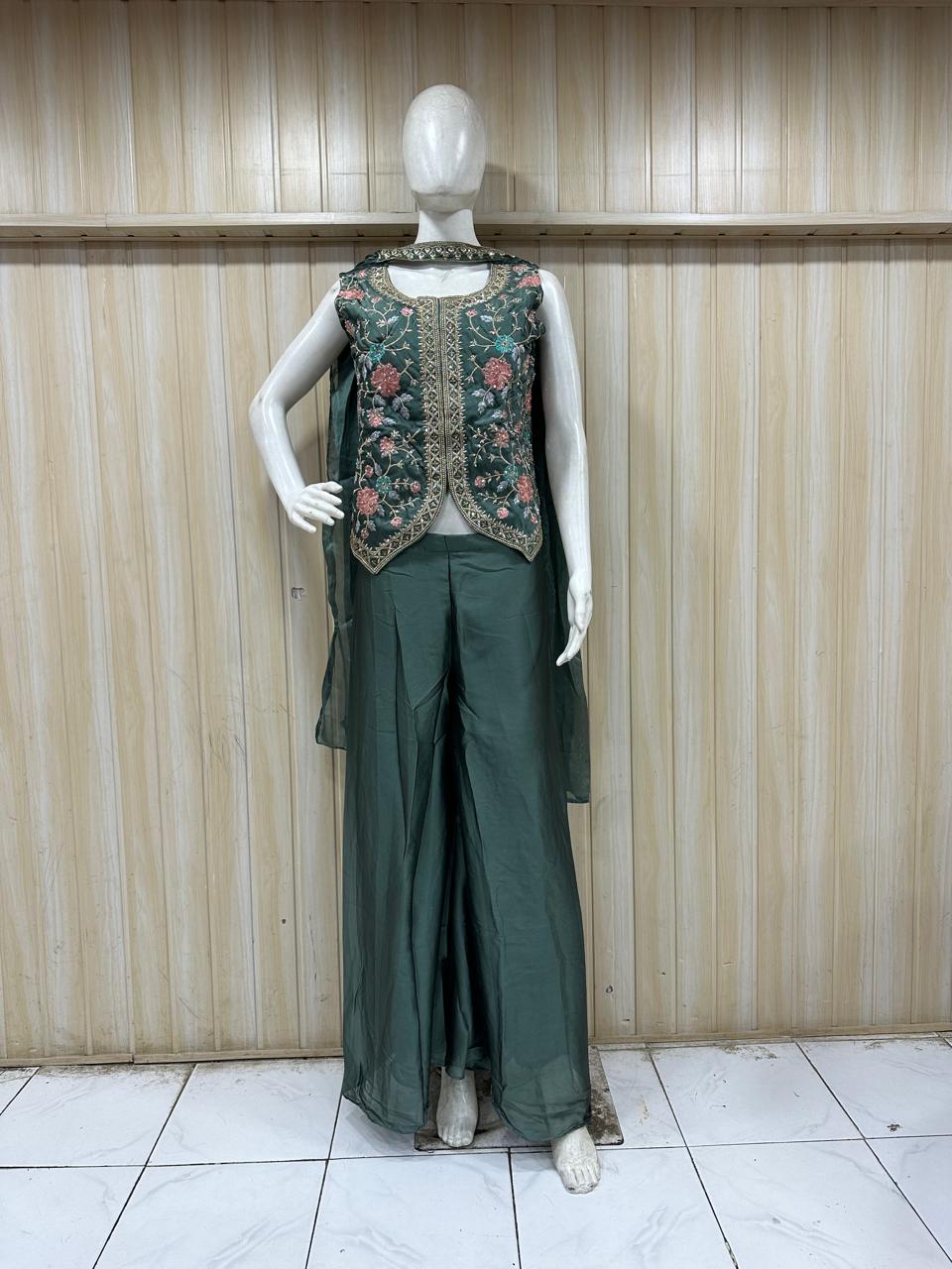 gometri embroidered outfit on mannequin against striped