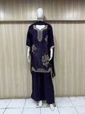 navy blue traditional outfit with matching dupatta on a mannequin against a striped