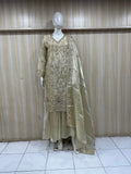 beige traditional outfit with matching dupatta on a mannequin against a striped