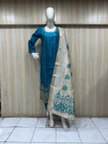 dark blue traditional outfit with matching dupatta on a mannequin against a striped