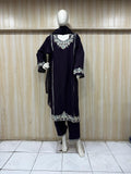DARK PURPLE gold traditional outfit with matching dupatta on a mannequin against a striped