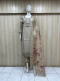 Mannequin wearing a beige kurta with floral dupatta against a striped