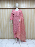 Mannequin wearing a pink traditional outfit with a saree against a wooden panel background
