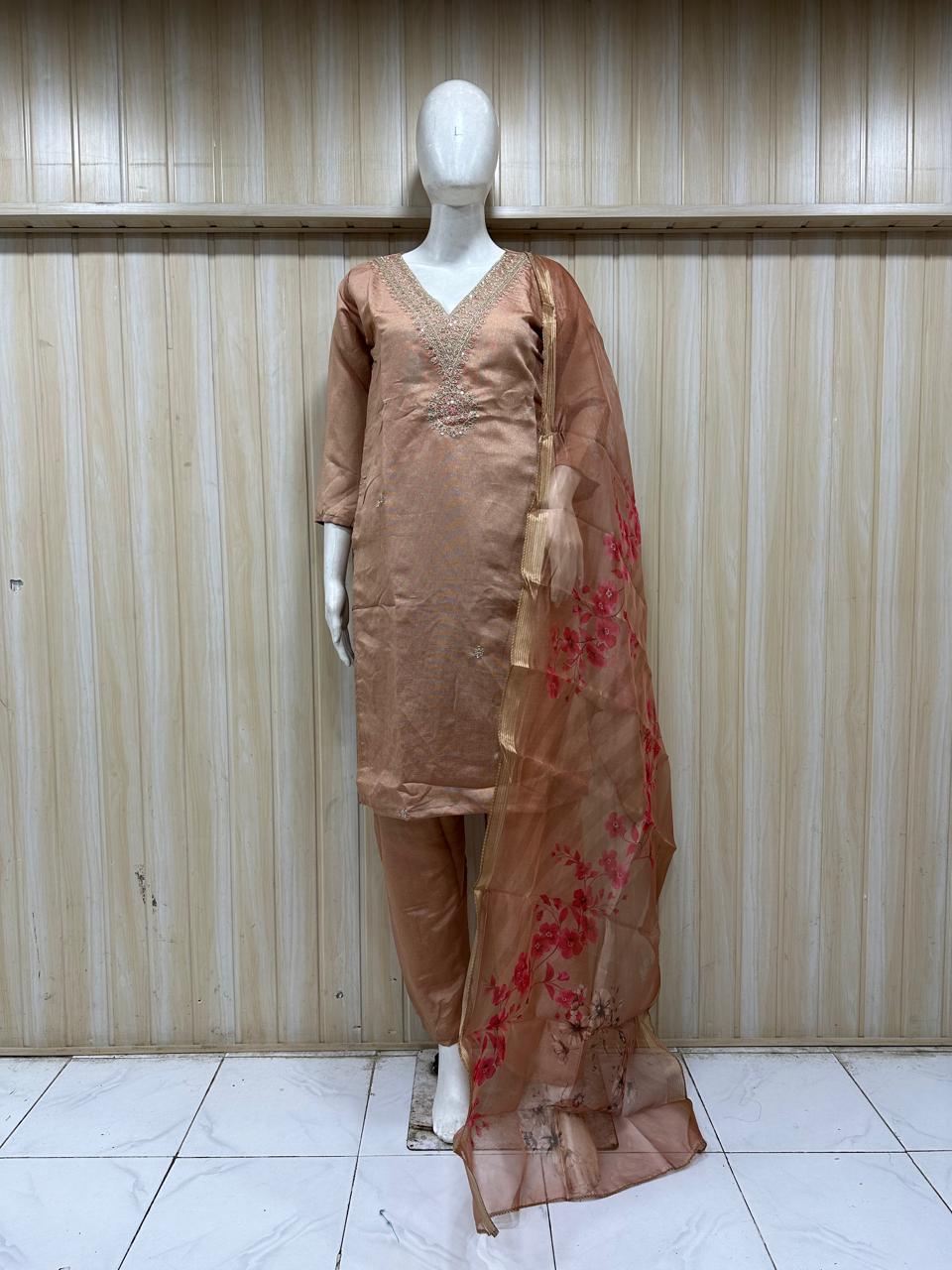 Dusty Peach Embroidered Straight Suit Set,